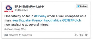 Strong earthquake hits South Africa, no miners trapped