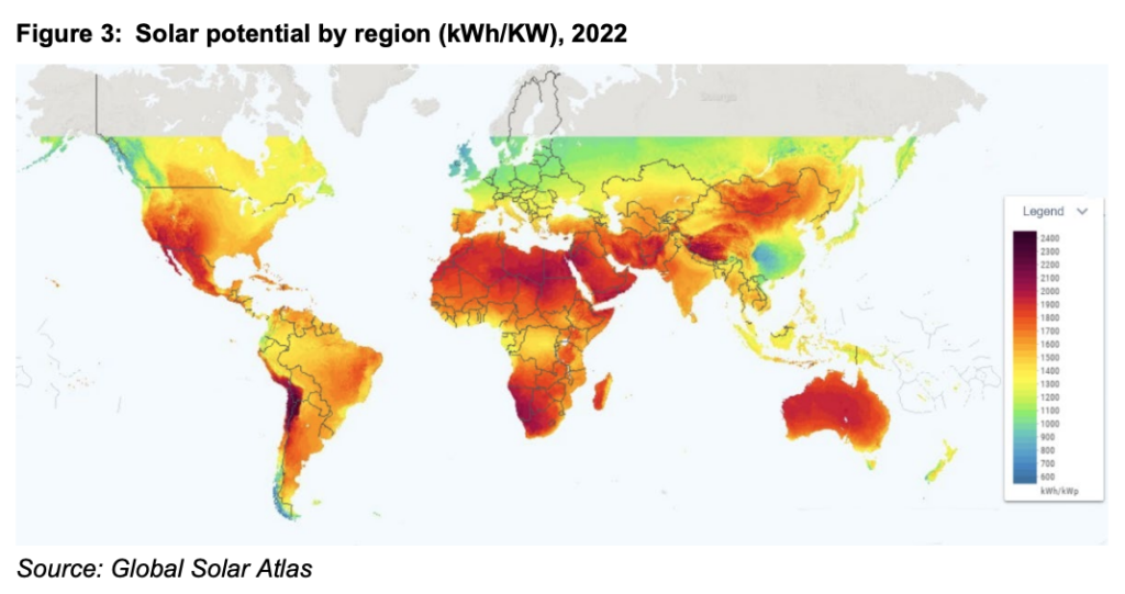 Solar potential by region (kWh:KW), 2022