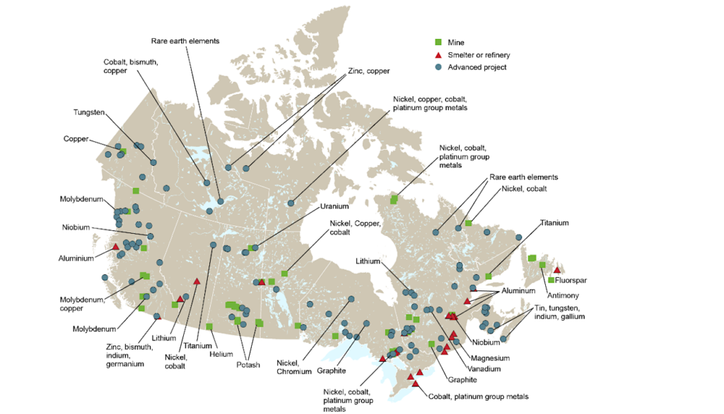 Map of mines and development projects in Canada.