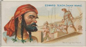 1888 commercial color lithograph showing Edward Teach (Black Beard), walking the Plank