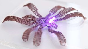 Spider printed at room temperature using the metallic gel, and assembled and solidified into its final 3D shape via 4D printing