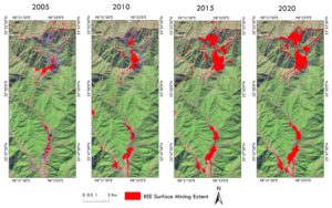 Surface mining extents for 2005, 2010, 2015, and 2020 draped on 2020 Landsat 8 OLI natural color imagery.
