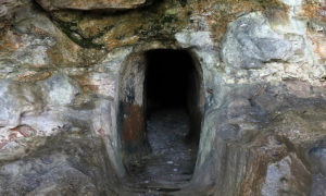 Entrance to a 17th century coal mine near Cockburnspath, Scotland.