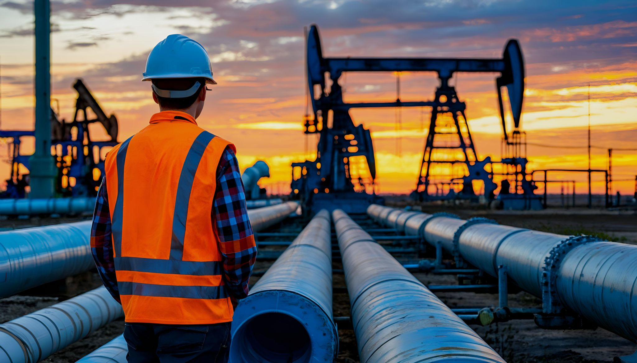 a worker in safety gear surveys a field of oil pumps and pipelines at ...