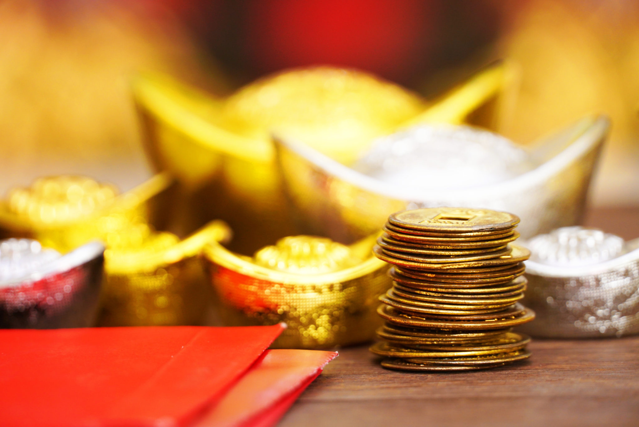 Gold bar and silver with red envelope decorate for chinese new year ...