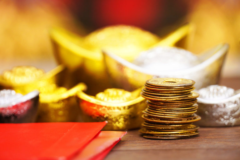 Gold bar and silver with red envelope decorate for chinese new year ...
